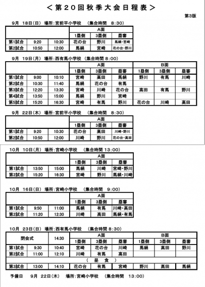 川崎市、秋季リーグ戦日程の改訂版について